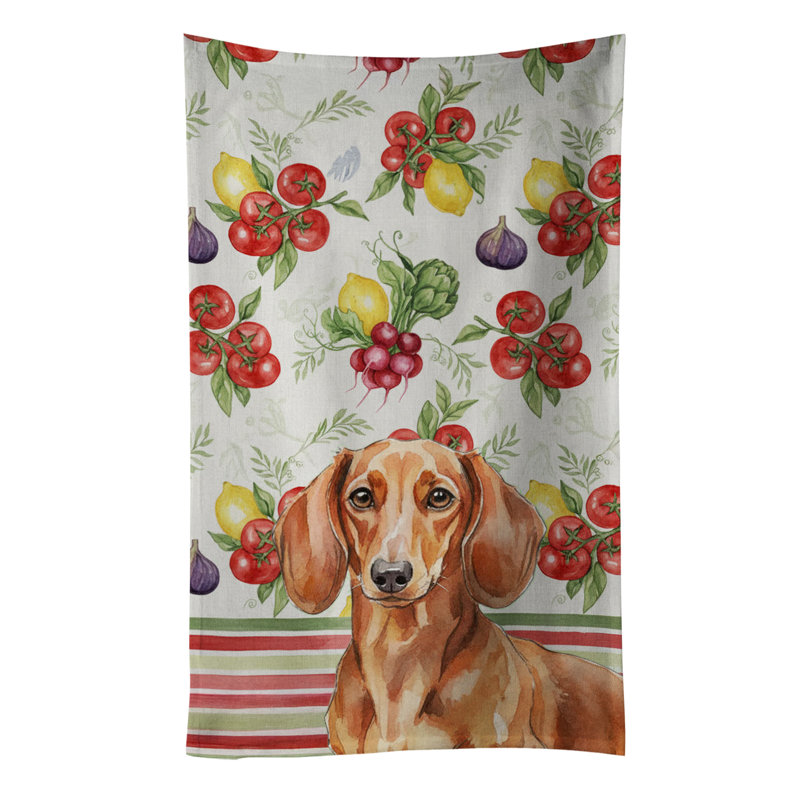 Red Brown Dachshund Vegetables Kitchen Towel, Red Brown Dachshund