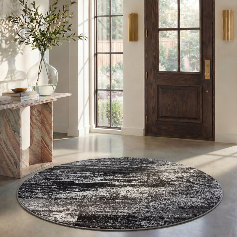 Tapis à motif abstrait Algonquin Performance, Rond 6 pi, Black/Gray