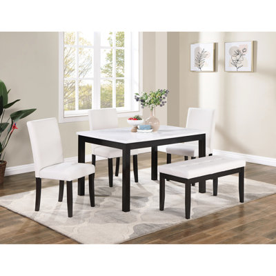 Classic Stylish 5Pc Dining Set Kitchen Dinette Faux Marble Top Table Bench And 3X Chairs White Faux Leather Cushions Seats Dining Room