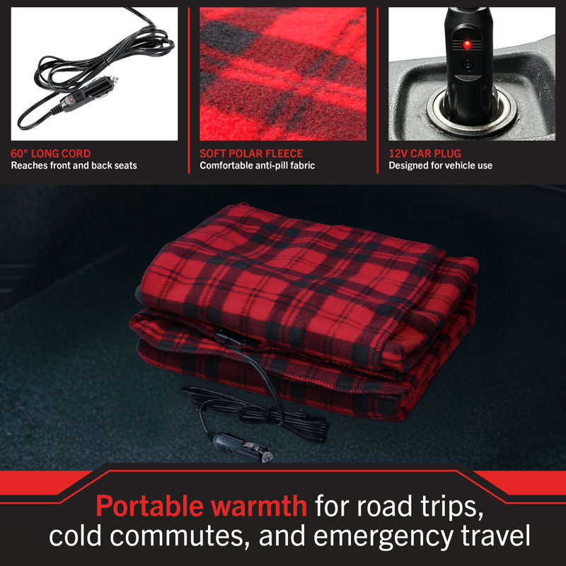 Stalwart 12V Heated Blanket for Cars, Red Plaid, Red