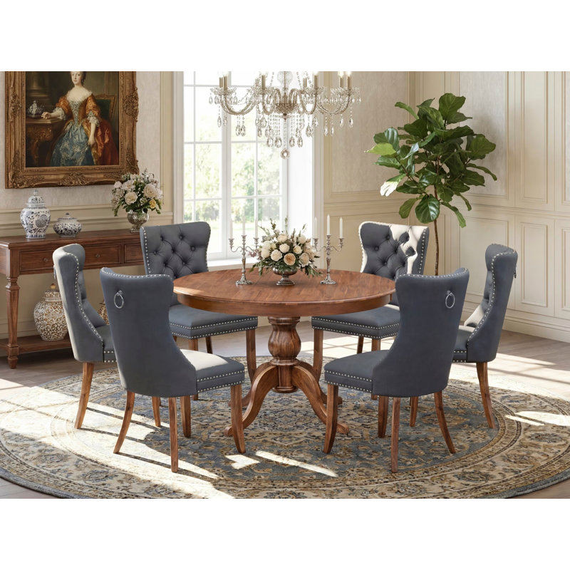 Ensemble de table à manger 7 pièces comprenant une table de cuisine et 6 chaises de salle à manger en polyester gris platine avec dossier capitonné - Finition noyer antique