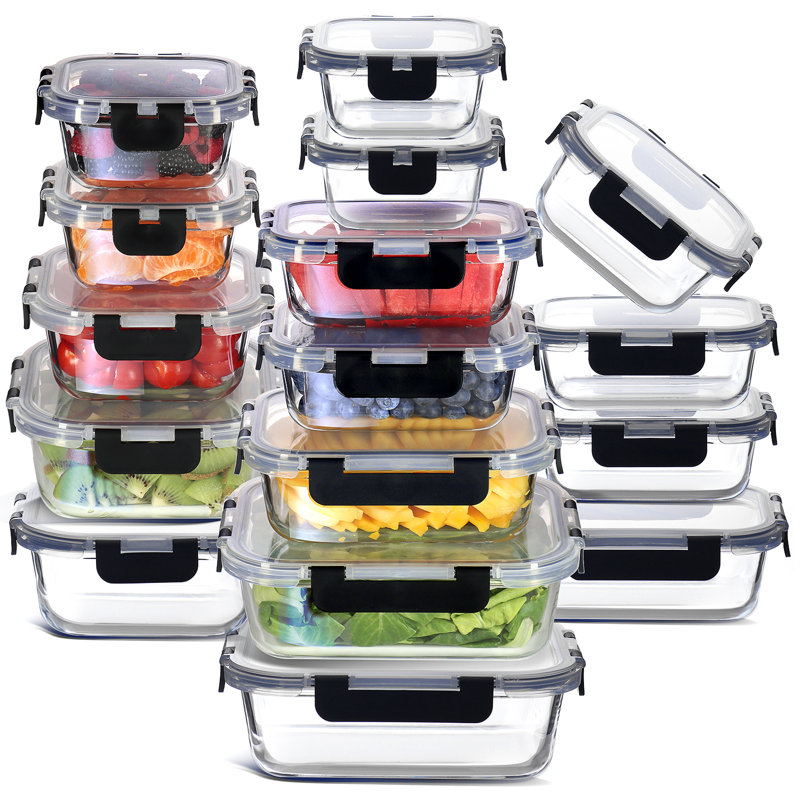  32-piece glass storage container set with lids, including 16 food storage containers and 16 airtight lids, Black