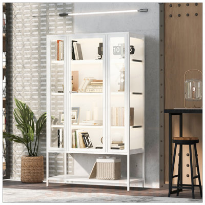 Vitrine en fer avec porte en verre et DEL, vitrine en acier pour objets de collection, figurines, trophées, étui en verre à 3 côtés pour la maison, le bureau, le bureau, la salle de jeux
