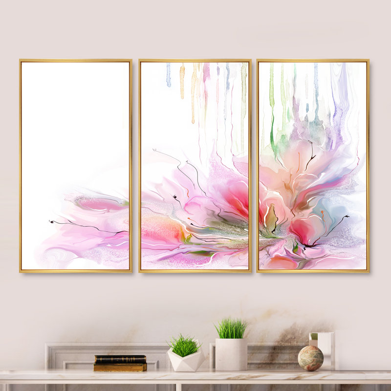 Floral Composition - 3 pièces, peinture sur toile à cadre flottant, Encadrement doré, L 36 po x H 20 po