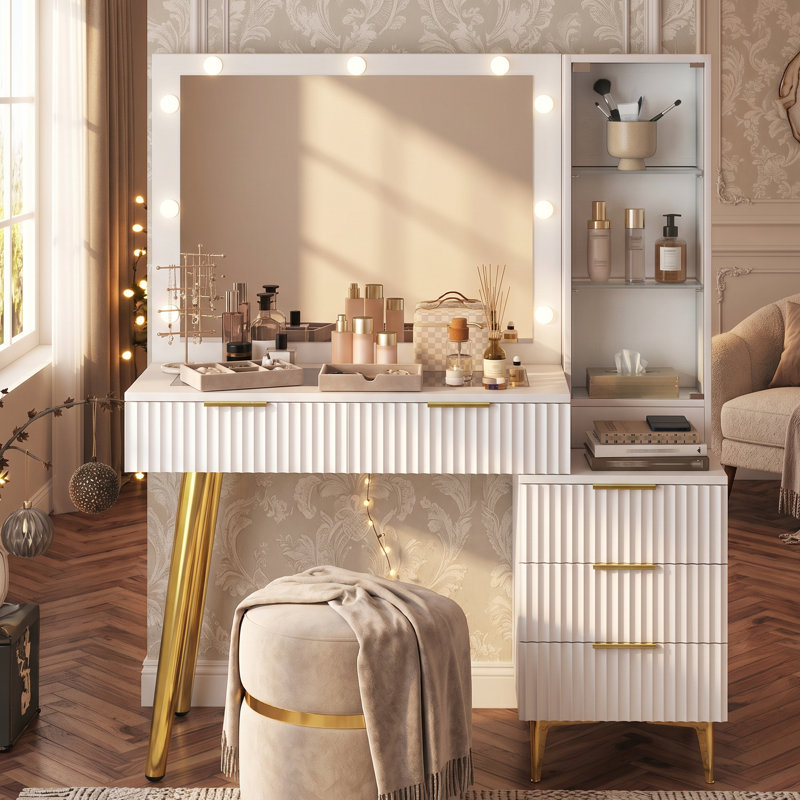 Wide Makeup Vanity , Makeup Desk With Mirror, Vanity Desk With 5 Drawers, Mirror Glass Top Vanity Table For Bedroom