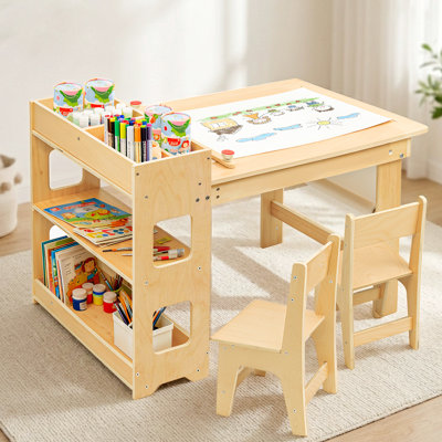 Ensemble de table et chaises pour enfants, table d'activités pour tout-petits avec grandes tablettes de rangement, rouleau de papier, pour le dessin, l'artisanat, le jeu