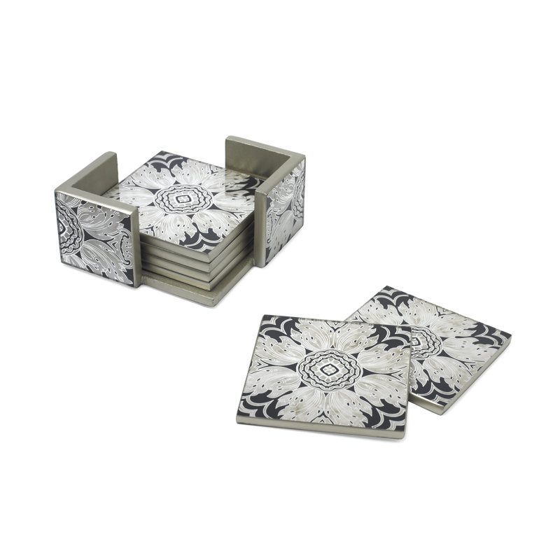 Reverse Painted Mirror Coaster Set with Holder, Midnight