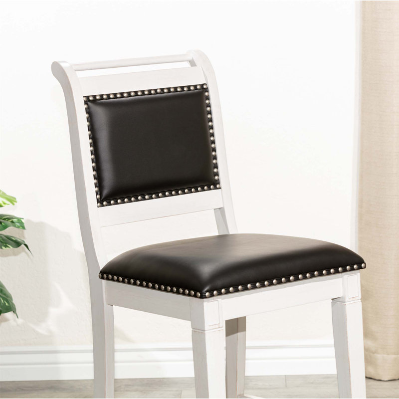 Tabouret de comptoir, siège en cuir, Blanc antique, Noir