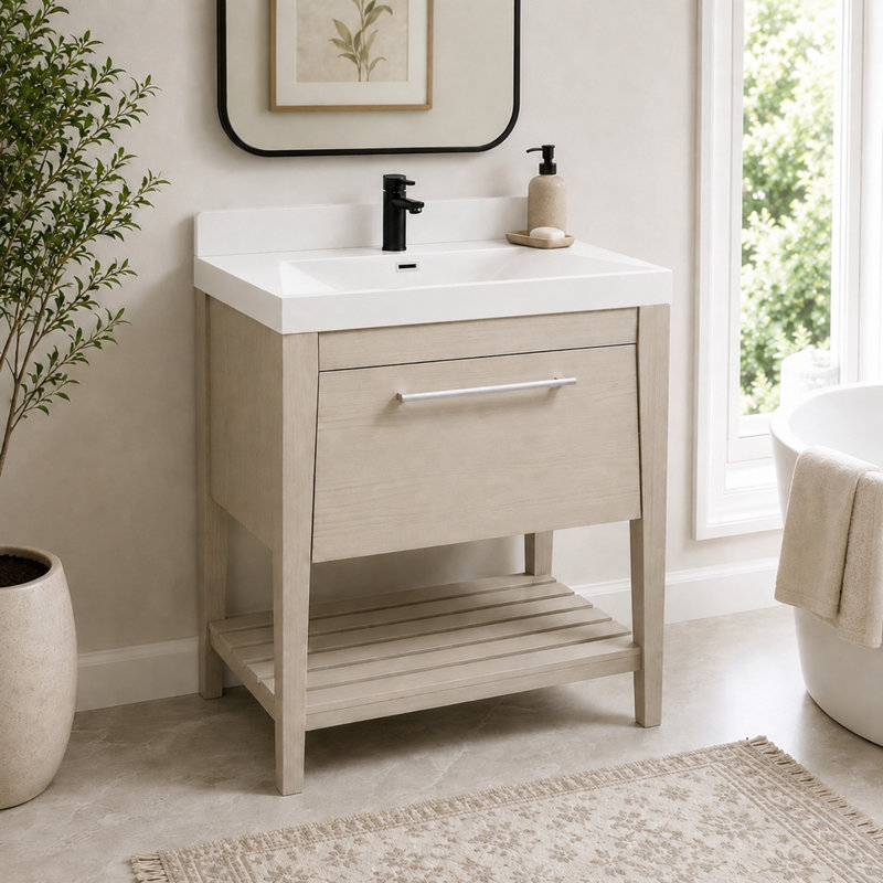Meuble-lavabo simple 31,5 po avec comptoir en granite, Gris clair, Blanc