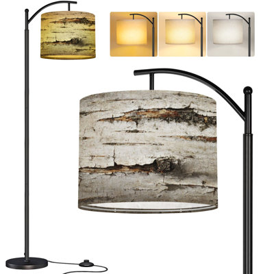  Arc Floor Lamp Birch bark Tall Modern Standing Lamp LED Adjustable Linen Lampshade 3 Color Temperatures
