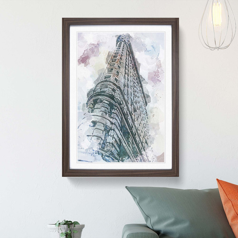 The Flatiron Building in New York in Abstract - Picture Frame Painting Print, Walnut Framed, 65cm H x 48cm W x 2cm D