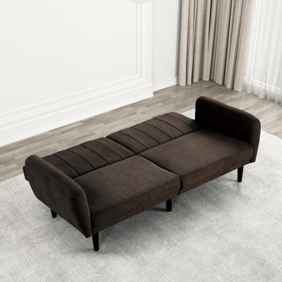 Contemporary Brown Fabric Futon With Back, Wooden Legs, Wrapped Foam, Iron Leg Back Support Linen Channeled Soft Track Arm, Pocket Coil, Converting To Bed