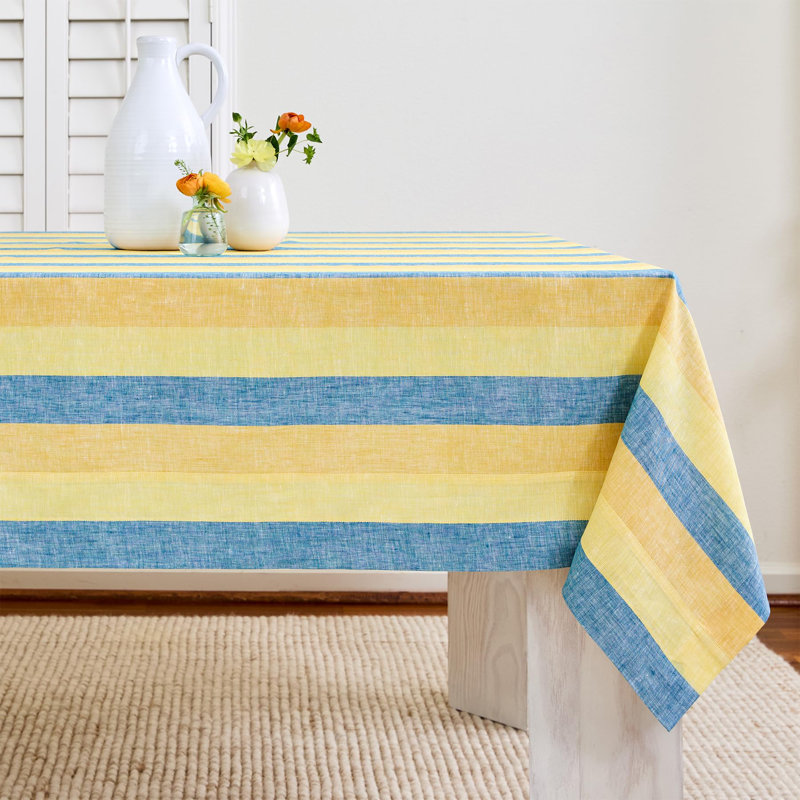 Cabana Stripe - 100% Pure Linen Tablecloth, Bright Summer Stripe, 132" x 60"