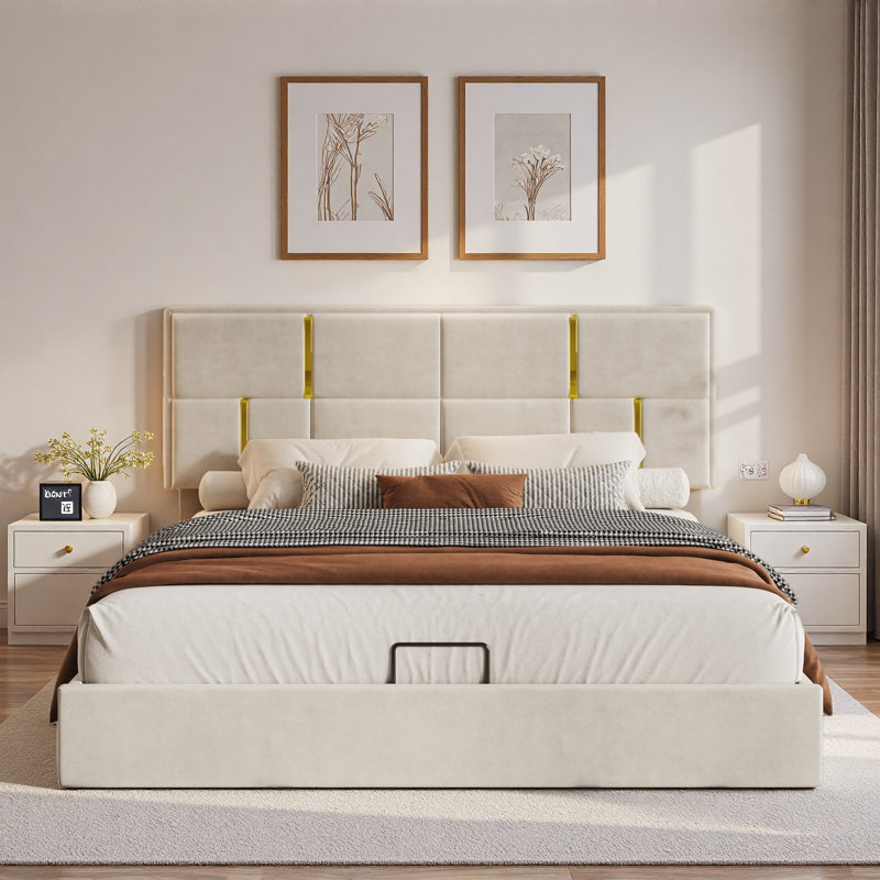 Lit plateforme tapissier avec système de rangement hydraulique, Beige