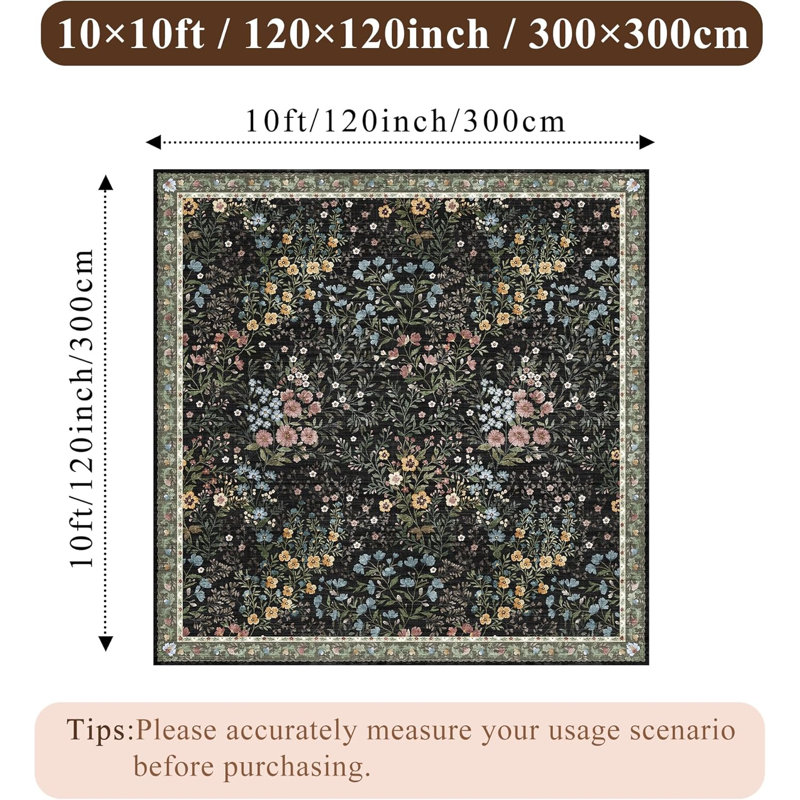 Tapis floral Eden Mughal, Noir, Carré 10pi