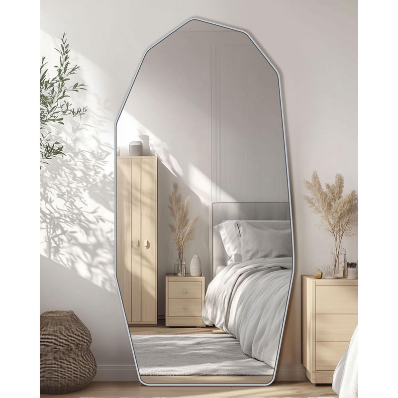 76" X 34" Diamond-Shaped Full Length Mirror, Silver Aluminum Frame, Wall-Mounted, Leaning, Or Free Standing Modern Floor Mirror For Bedroom, Living Room, Or Bathroom