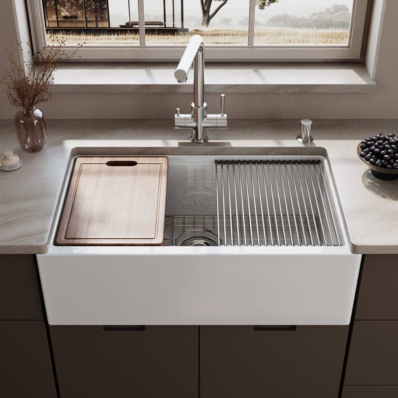 33" Farmhouse Workstation Fireclay Kitchen Sink with Self-Trimming Apron Front, Single Bowl, Bottom Grid & Strainer Included