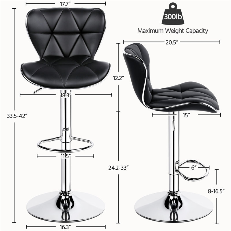 Elna Stylish Adjustable PU Leather Swivel Bar Stool Counter Height Bar Chairs with Large  Base, Black