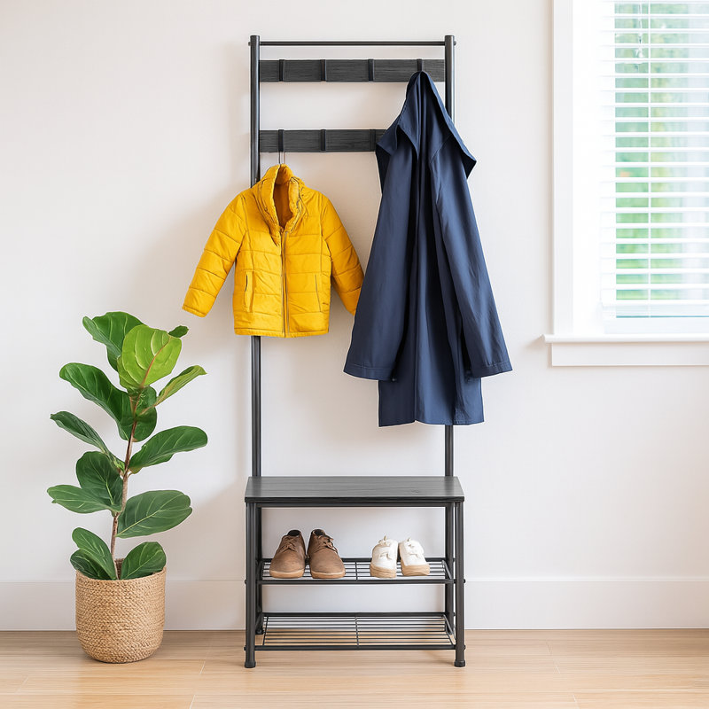 Square Steel Coat Rack with Shoe Storage Bench, Black