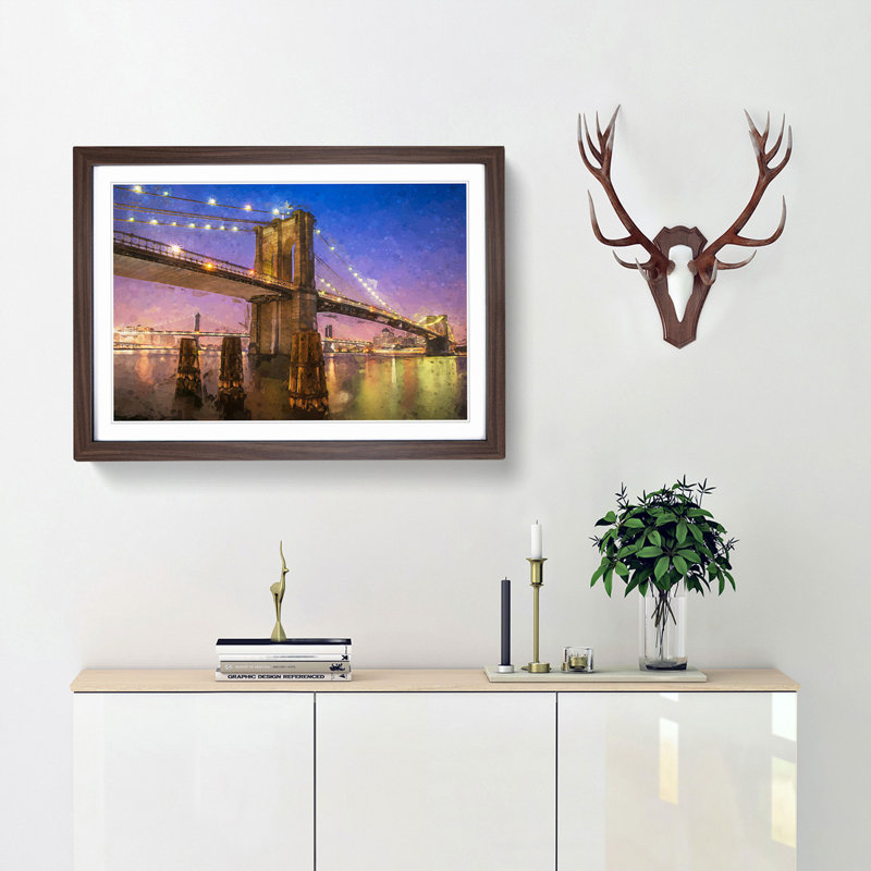 Brooklyn Bridge at Night in Abstract - Picture Frame Graphic Art Print, 48cm H x 65cm W x 2cm D, Walnut Framed