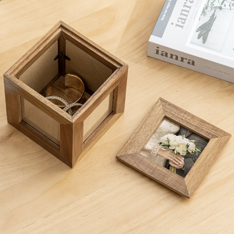 Boîte carrée avec cadre photo en bois d'acacia