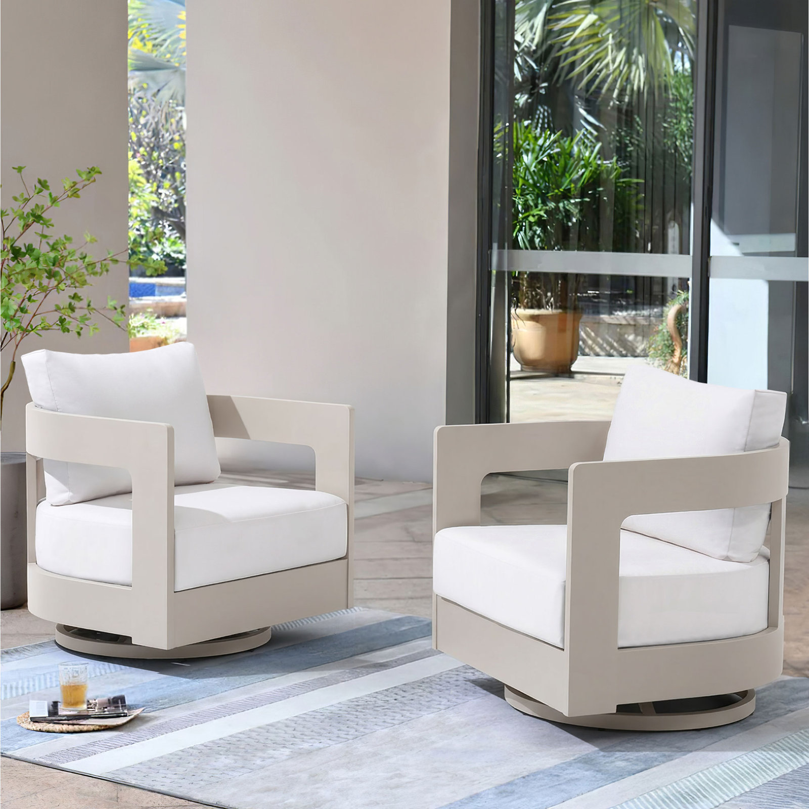 Frances Sunbrella® Swivel Patio Lounge Chair, White Cushion/Champagne Frame