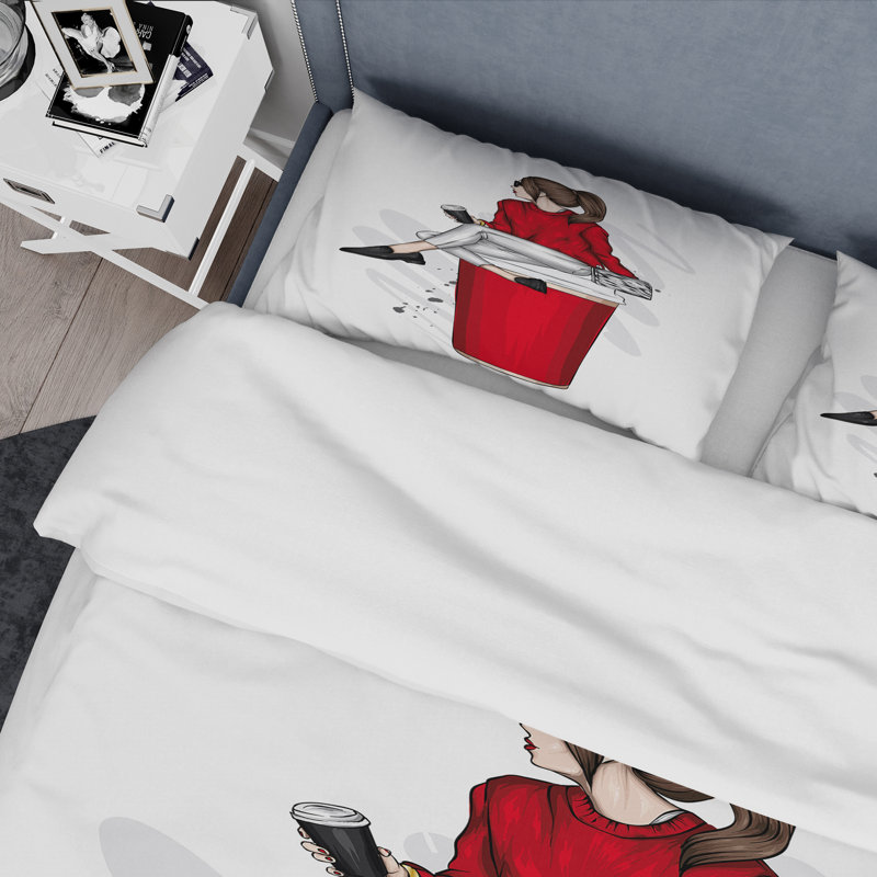 Fille avec un chandail rouge sur une tasse à café rouge - ensemble de housse de couette moderne - microfibre de polyester