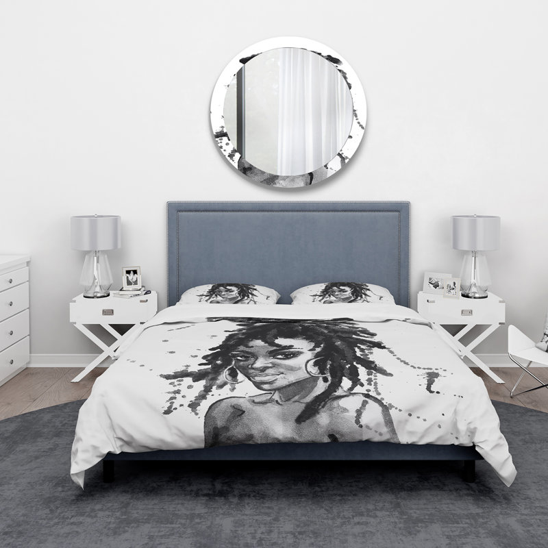 Portrait monochrome d'une femme afro-américaine II - Ensemble de housse de couette moderne - Microfibre de polyester