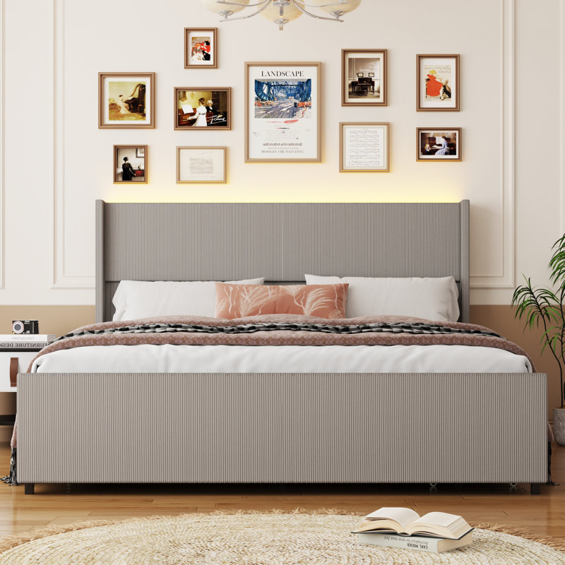 Corduroy Upholstered Platform Bed With Drawers, LED Light, Wingback Headboard, And Footboard, No Box Spring Needed, Queen