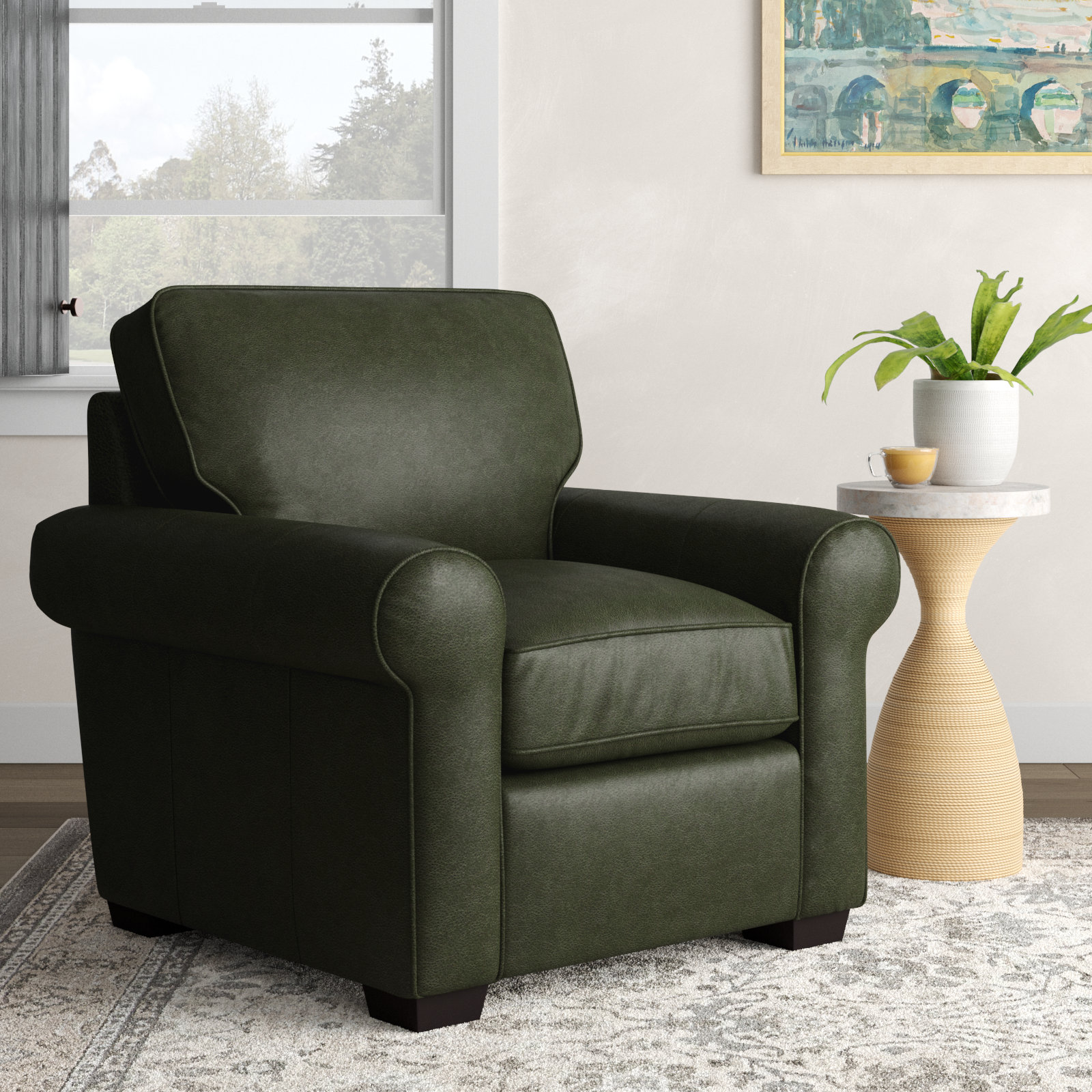 Porter Upholstered Armchair, Cordoba Army Green Top Grain Leather