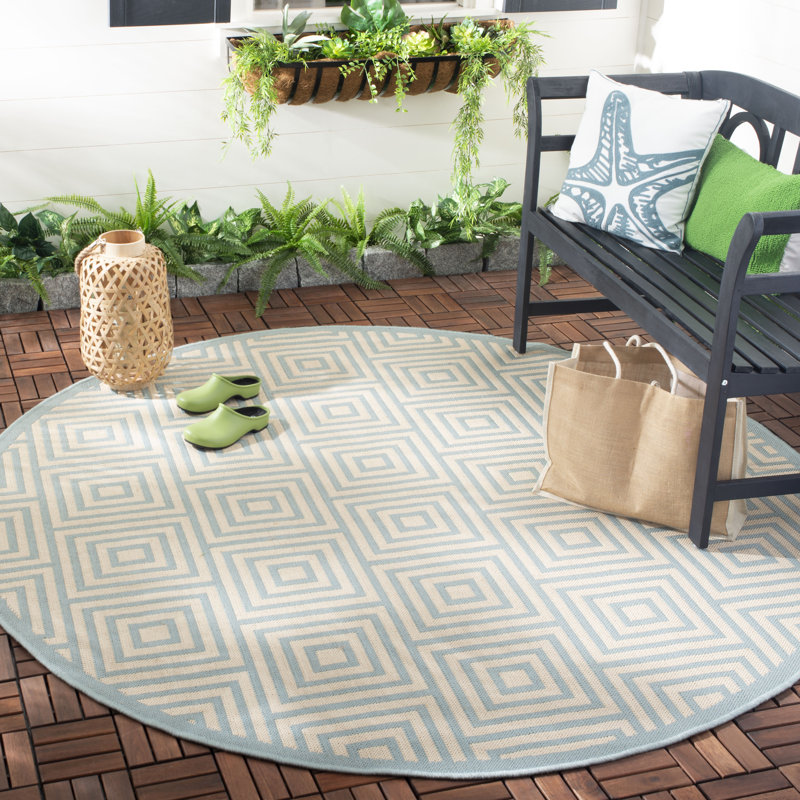 Mckinnon Hooked Indoor/ Outdoor Cream/Aqua Rug, Round 201 cm