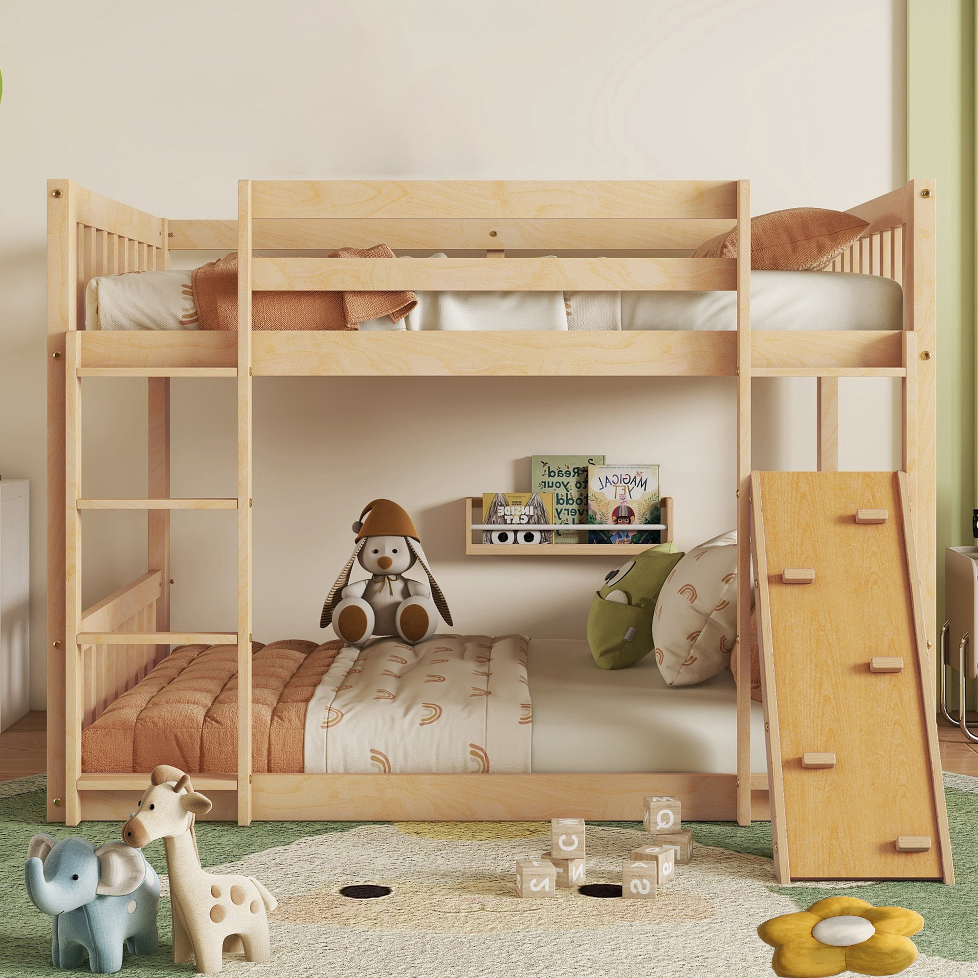 Ophelia & Co. Twin Over Twin Playhouse Floor Bunk Bed With Climbing ...