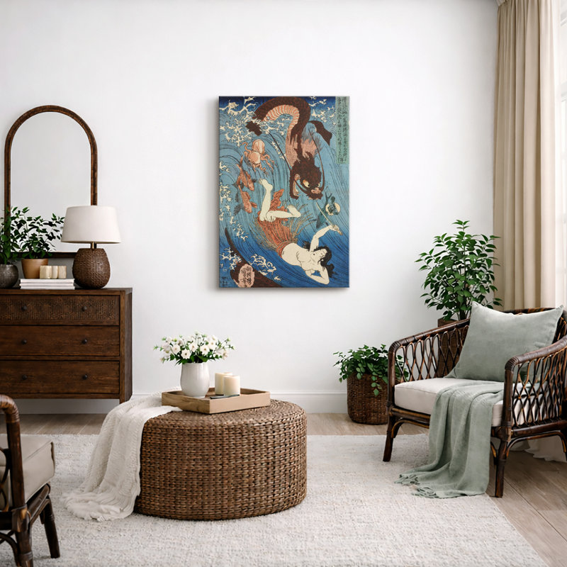«Diver Battling Sea Serpent», œuvre d'art traditionnel japonais sur toile, impression d'art numérique sur toile encadrée