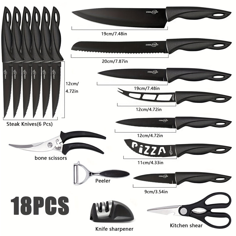 Ensemble de 18 couteaux de cuisine GVODE avec support en acrylique, couteaux noirs en acier inoxydable à haute teneur en carbone avec affûteur à 2 étapes, ciseaux de cuisine et éplucheur.