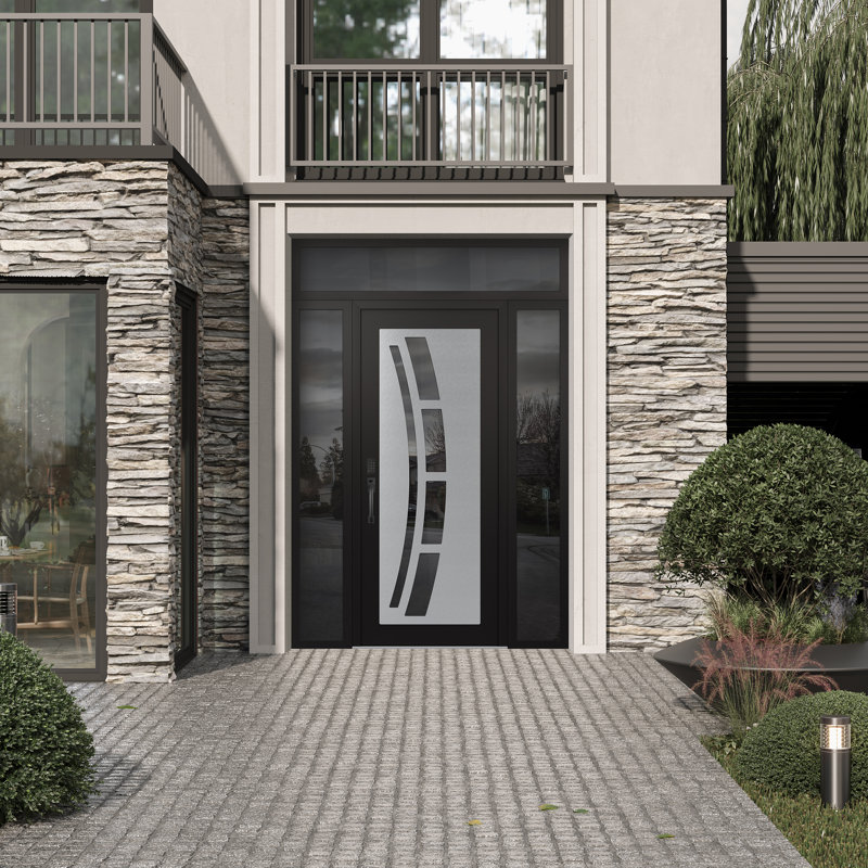 C12 à droite 68 po X 96 po Panneau en verre argenté noir et noir avec 2 portes latérales et porte d'entrée avant en verre