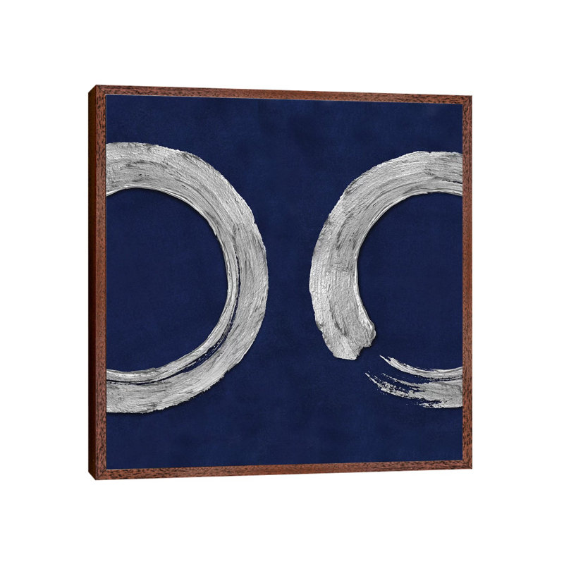 Silver Zen Circle On Blue II by Ellie Roberts - Print on Canvas, 45.72 cm H x 45.72 cm W, Brown Framed
