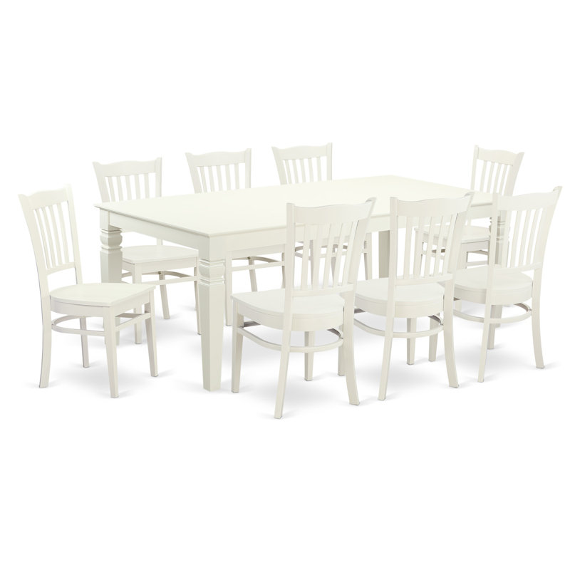  9 Piece Kitchen Table Set Includes a Rectangle Dining Table with Butterfly Leaf and 8 Dining Room Chairs, 42x84 Inch, Linen White