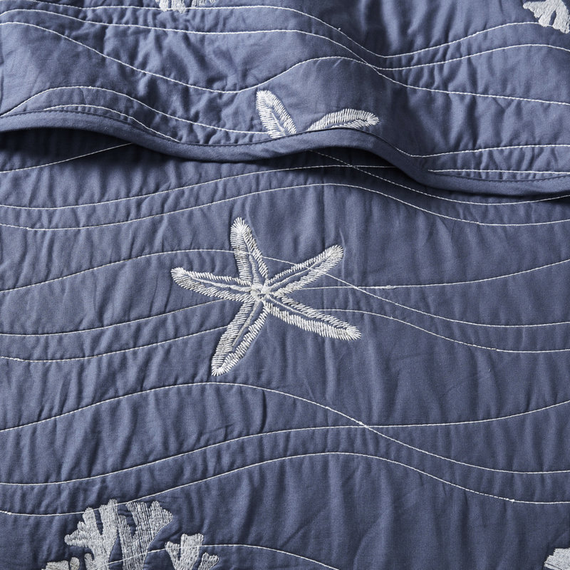Literie réversible 4 pièces bleu marine - coton avec corail brodé, courtepointe rembourrée double / grand, rembourrage, facile à nettoyer