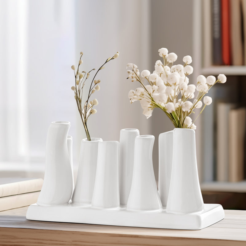 Rectangular Ceramic 8-Tube Multi Bud Table Vase, White