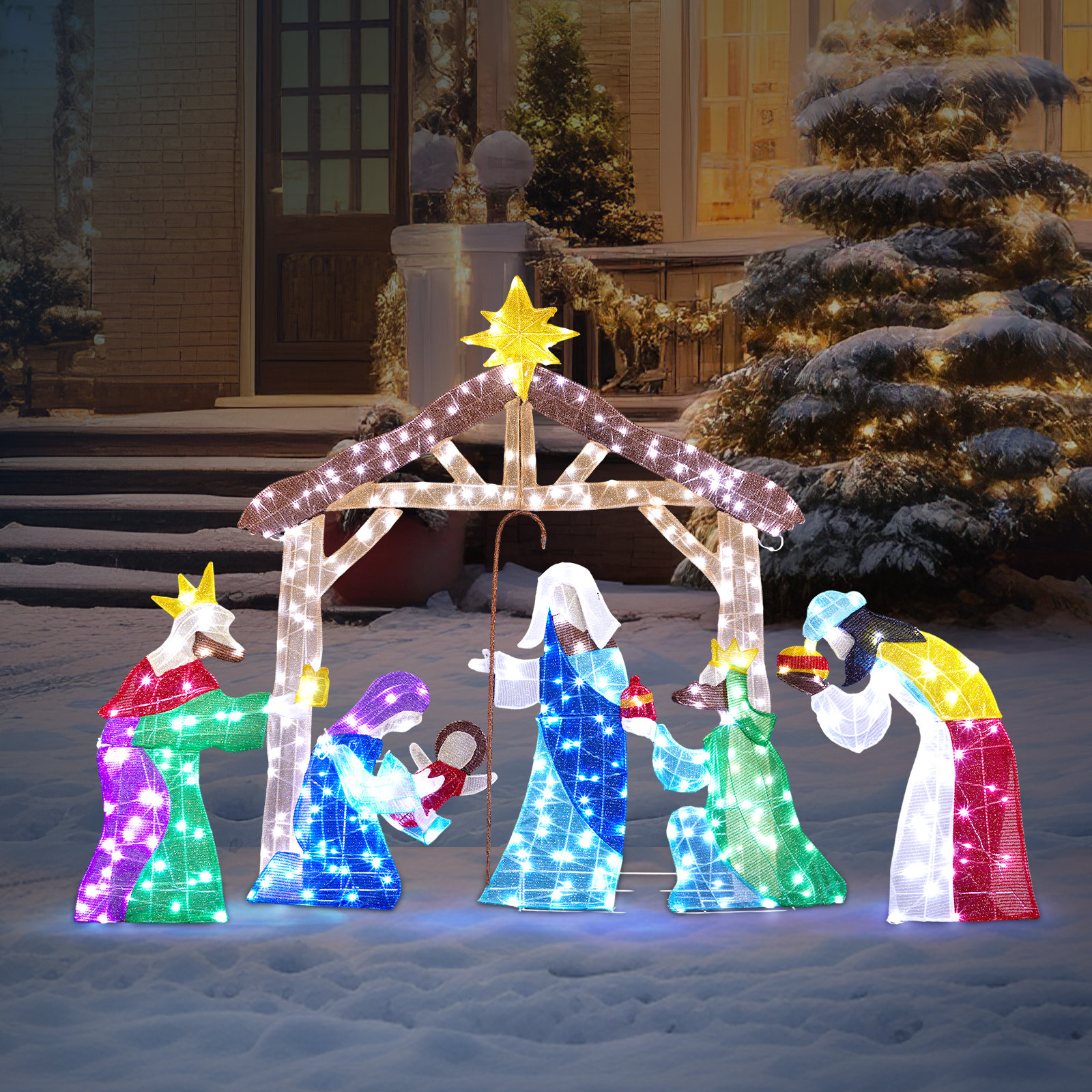 Crèche De Noël Extérieure En Acrylique - Décoration De Fenêtre Ronde Lumineuse, Résistante Aux Intempéries, 15x15 Cm