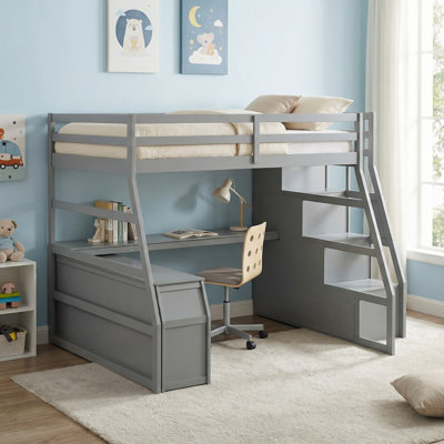 Solid Wood Full Size Loft Bed with 7 Drawers, 2 Shelves and Desk for Bedroom