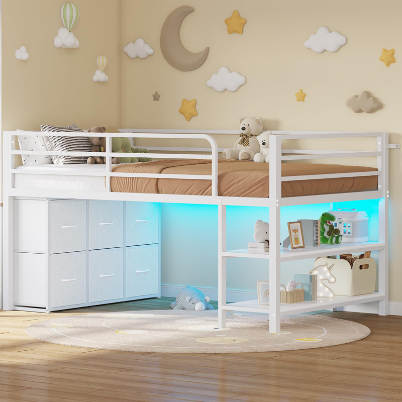 Twin Metal Loft Bed with LED Lights, Low Loft Bed Frame with 6 Storage Drawers,Open Storage Shelves,15" H Guard Rail, White