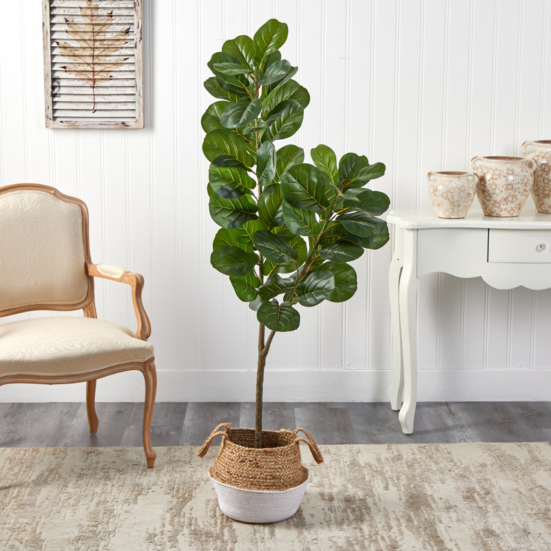 54'' Faux Fiddle Leaf Fig Tree in Burlap, Cotton Planter, White