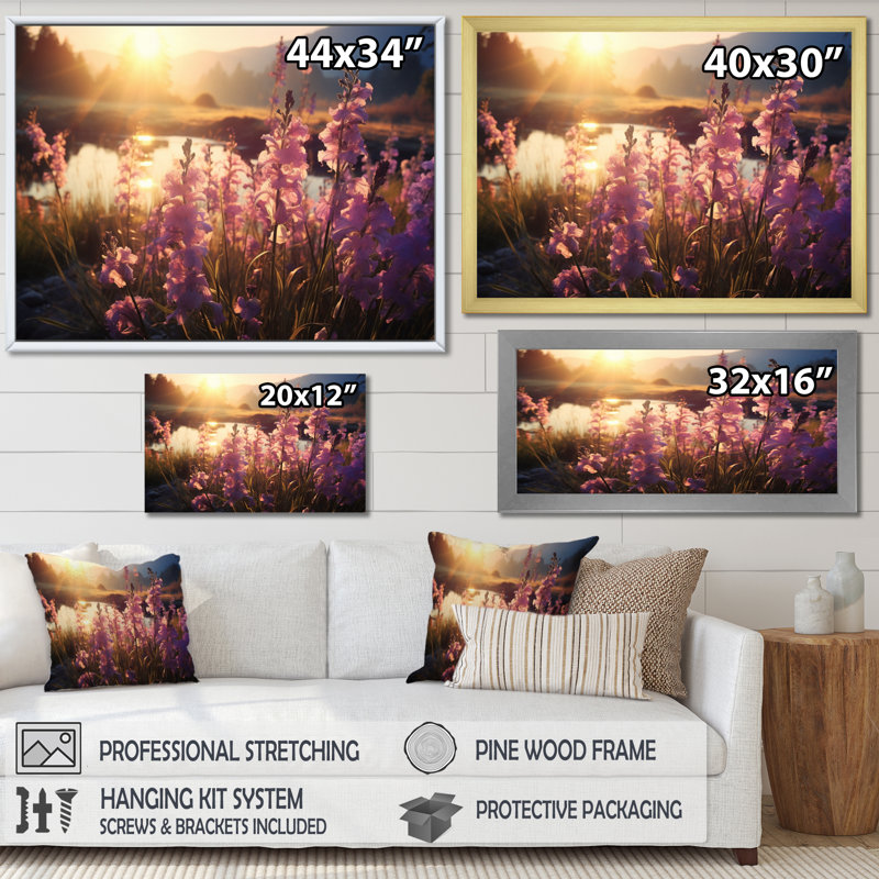 Champ d'iris mauves avec coucher de soleil I, H 24 po x l 32 po x P 1 po, Cadre simple blanc