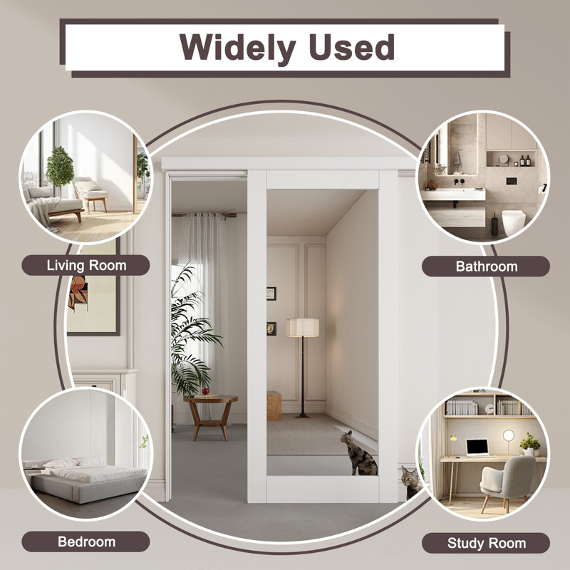80" Hidden Style Track White Primed 1-Lite Glass Mirrored Sliding Barn Door With Hardware Kit(No Assembly Required)