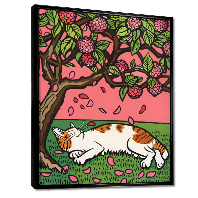 Chat dormant sous un arbre en fleurs de cerisier, H 20 po x l 12 po x P 1 po, Toile avec cadre noir