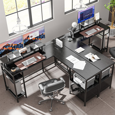 Kymberlyn 54" Reversible L Shaped Computer Desk with Power Outlets, LED Lights, Storage Shelves & File Cabinet
