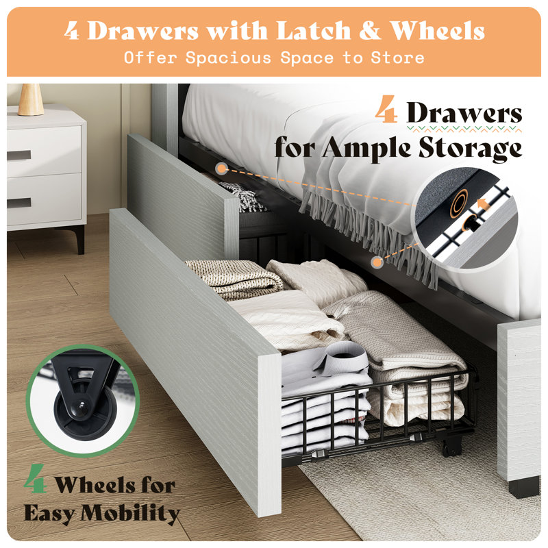 Billericay Upholstered Bed Frame With 4 Storage Drawers, Wooden Bed Frame With 47.2" Bookcase Headboard, Platform Bed With Charging Station/no Box Spring Needed,King