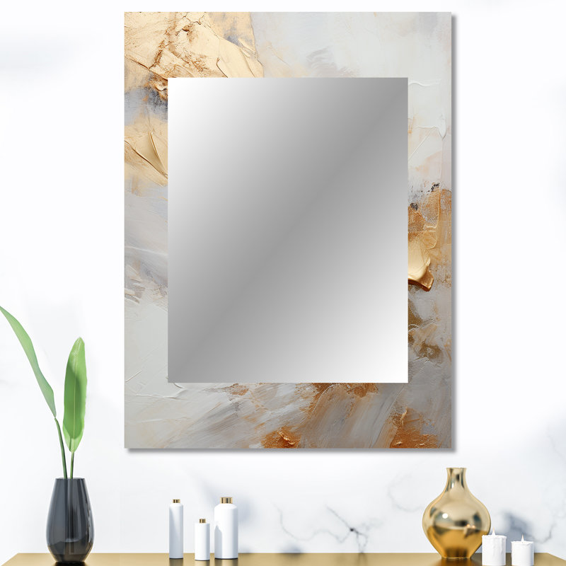 Beige et doré Glacier Stone Simplicity III - grand miroir mural de formes abstraites, miroir unique moderne, impression d'art en métal
