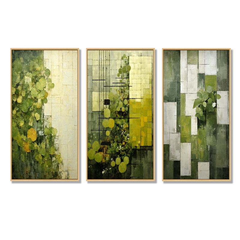 Ensemble de 3 reproductions d'art sur toile Green Eco amical Symphony I - Abstract Botanicals, Cadre flottant brun